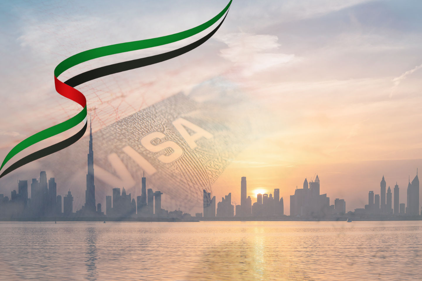 Dubai skyline at sunrise with UAE flag colors and a visa document overlay, symbolizing the Dubai Golden Visa and investment residency opportunities.
