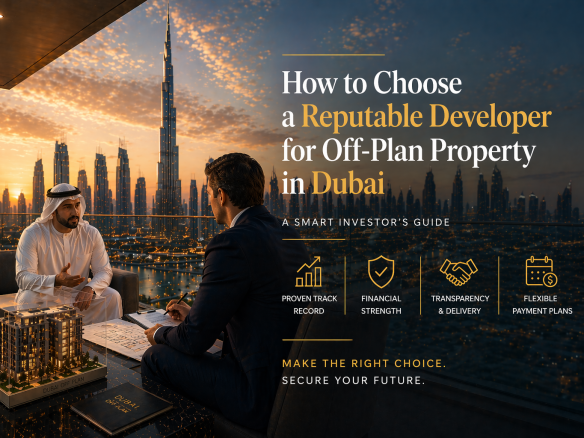 Reputable developer Dubai off-plan property consultation with investor overlooking Dubai skyline