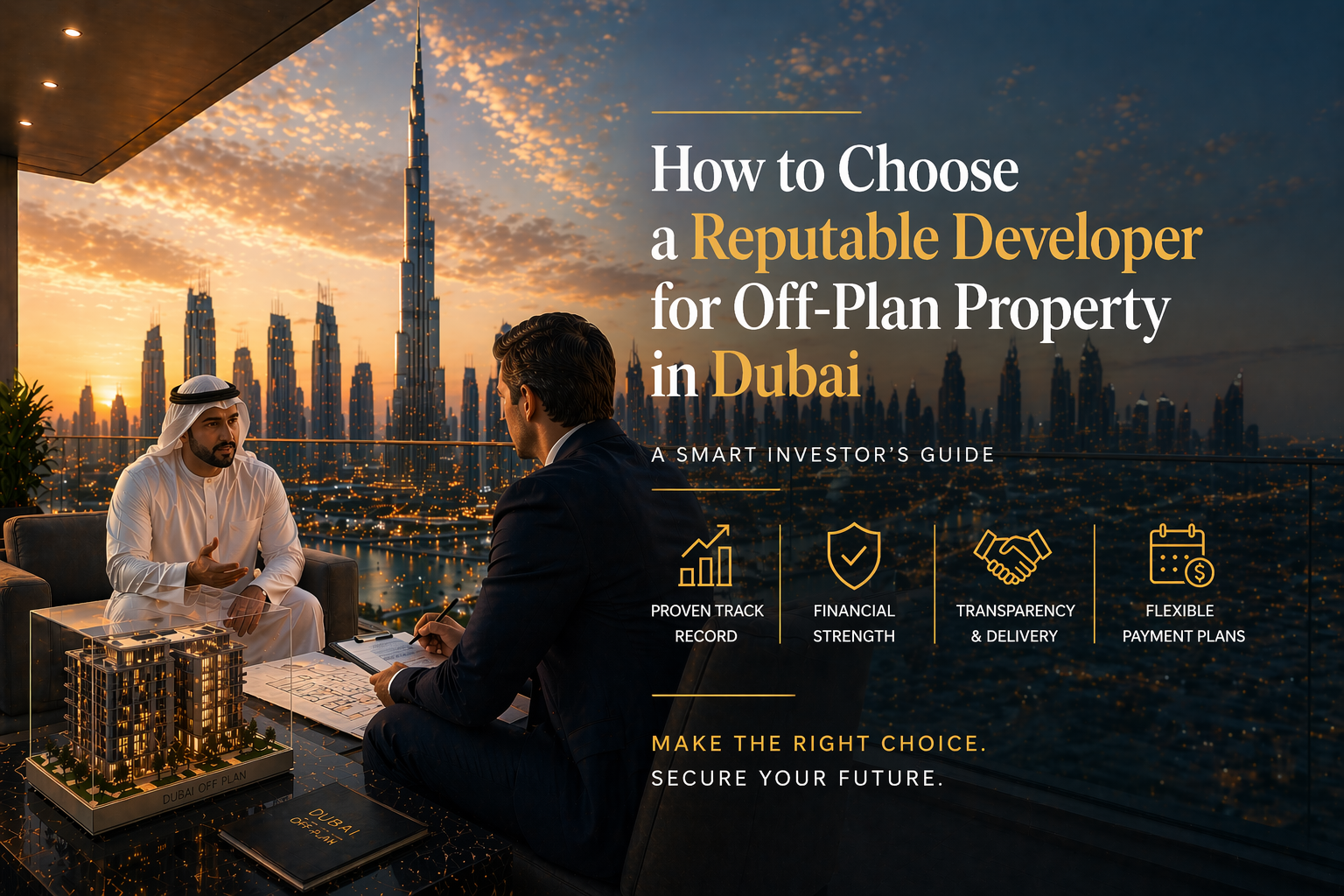 Reputable developer Dubai off-plan property consultation with investor overlooking Dubai skyline