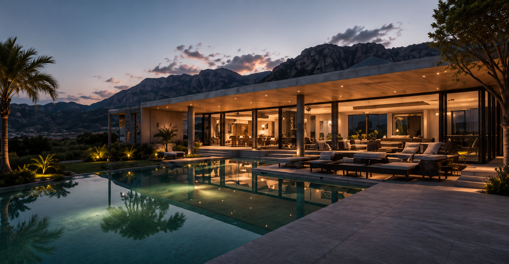Contemporary luxury villa with illuminated pool