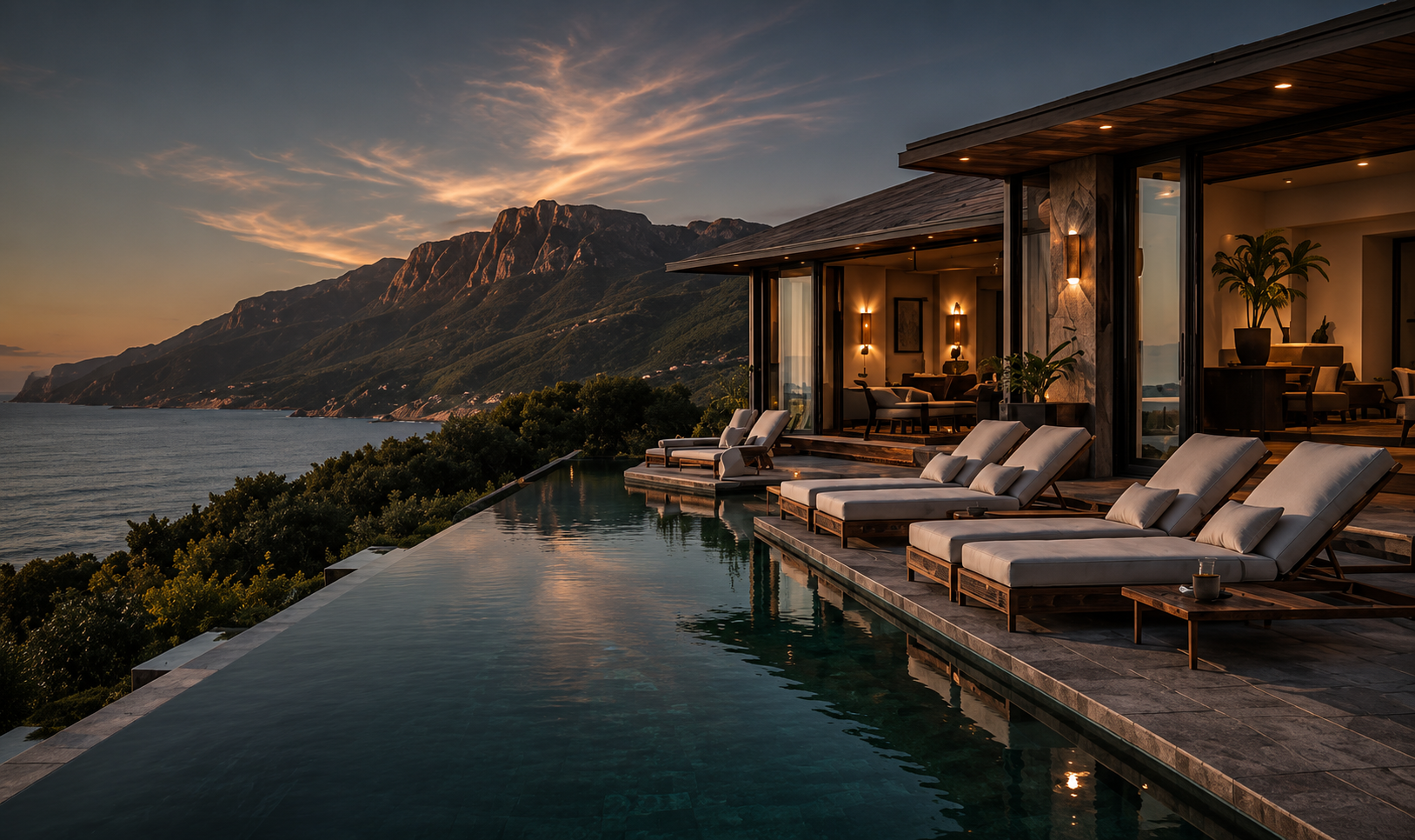 Luxury coastal villa overlooking mountains and an infinity pool