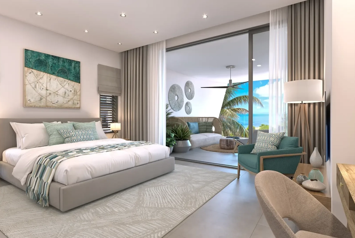 Master bedroom in a three-bedroom apartment, The Peninsula Mauritius (architect’s impression)