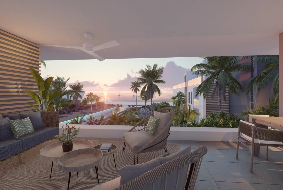 Private apartment terrace at sunset, The Peninsula luxury apartments Mauritius (architect’s impression)