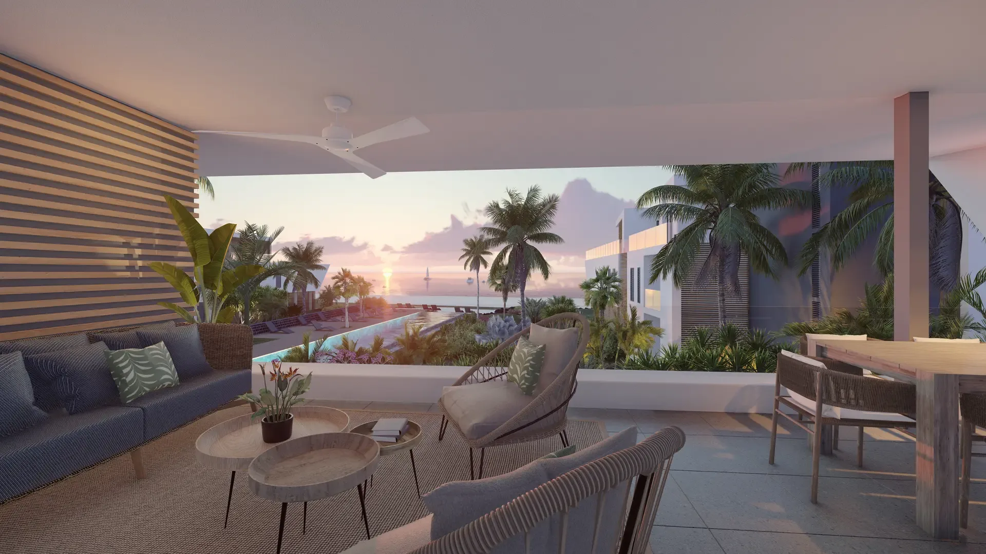 Apartment terrace at sunset Private apartment terrace at sunset, The Peninsula luxury apartments Mauritius (architect’s impression)