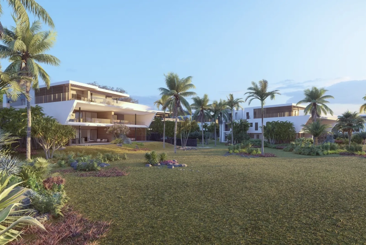 Landscaped gardens and beachfront residential blocks, The Peninsula Mauritius (architect’s impression)