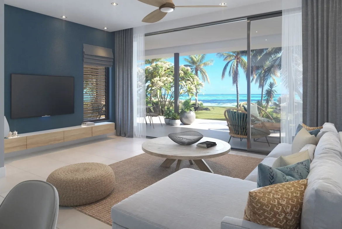 Living area with terrace and sea view, luxury apartment at The Peninsula Mauritius (architect’s impression)