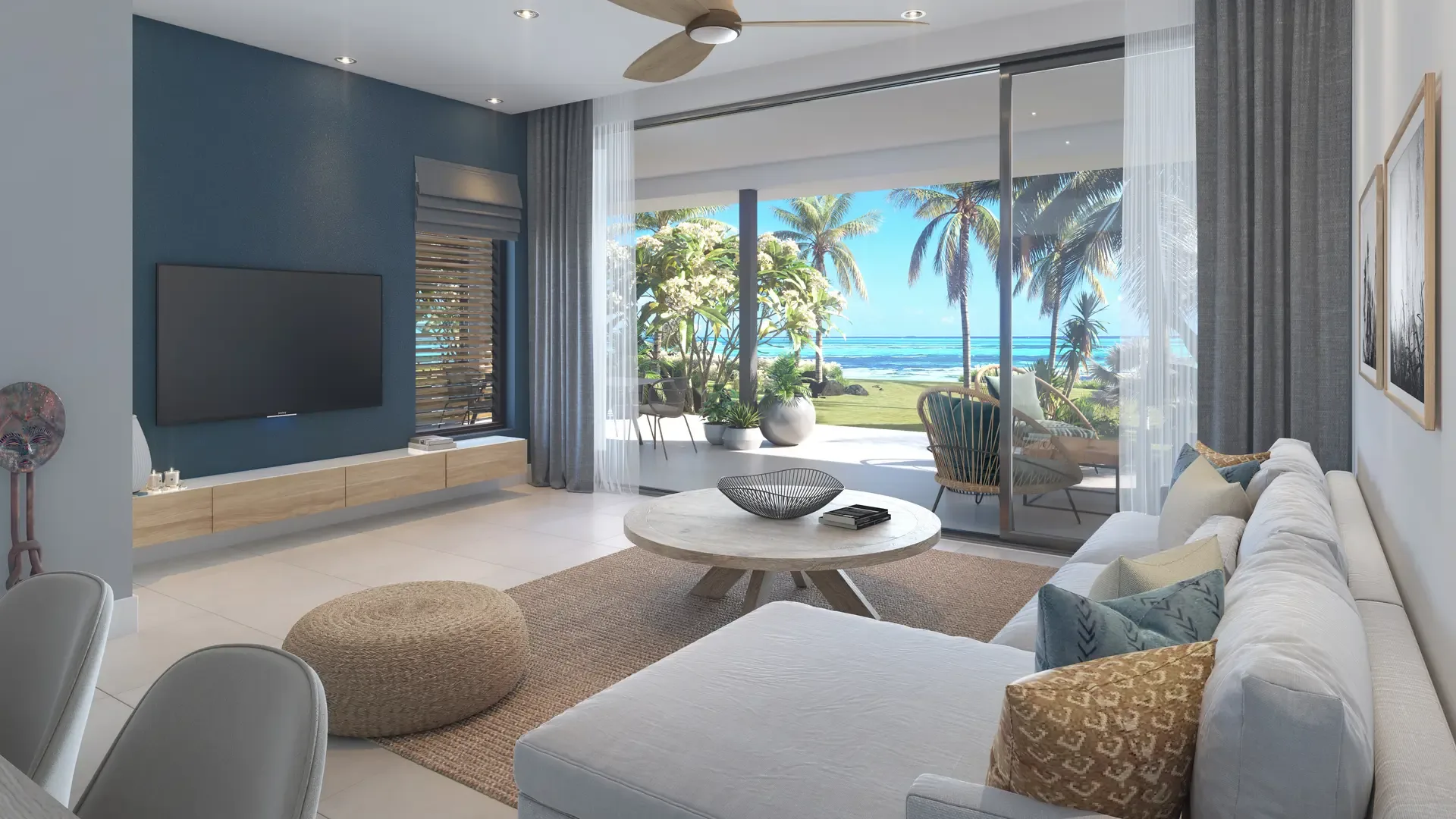 Living and dining area Living area with terrace and sea view, luxury apartment at The Peninsula Mauritius (architect’s impression)