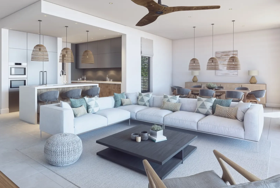 Open-plan kitchen and living space, three-bedroom apartment at The Peninsula Mauritius (architect’s impression)