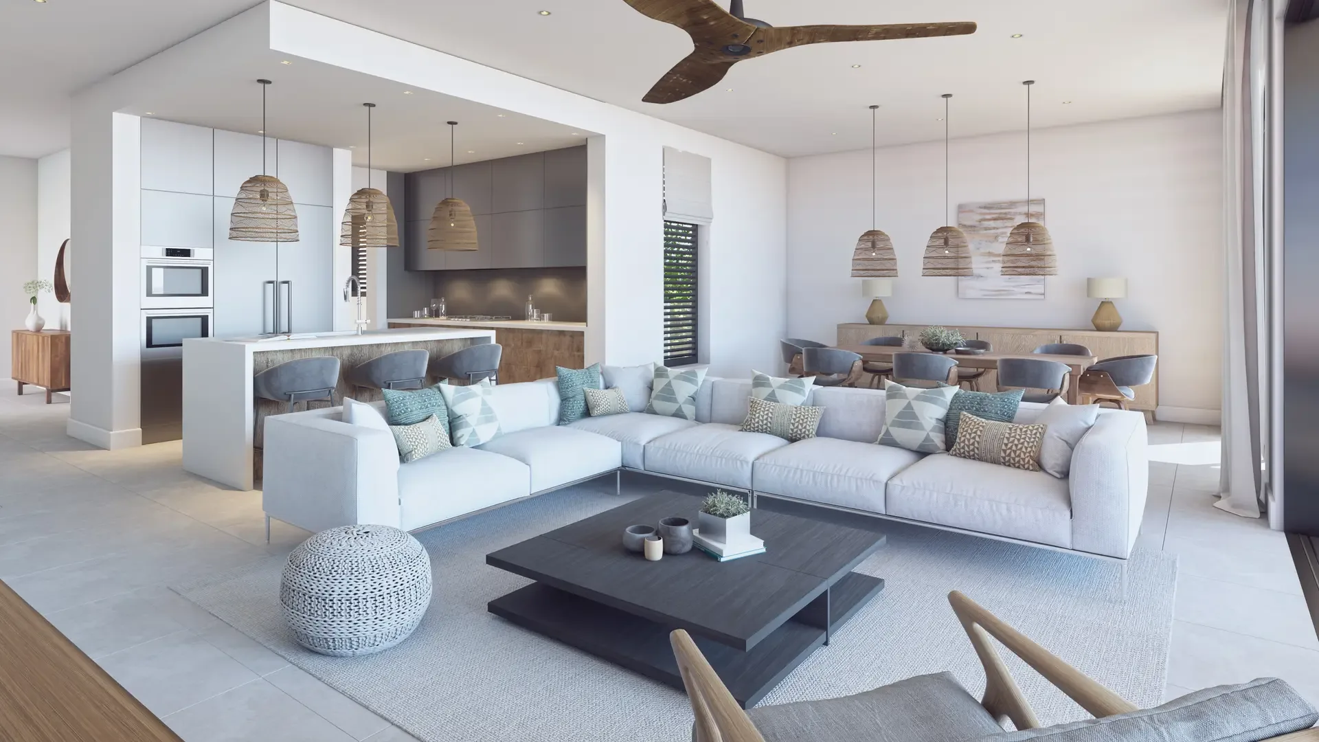 Open-plan kitchen and living space Open-plan kitchen and living space, three-bedroom apartment at The Peninsula Mauritius (architect’s impression)