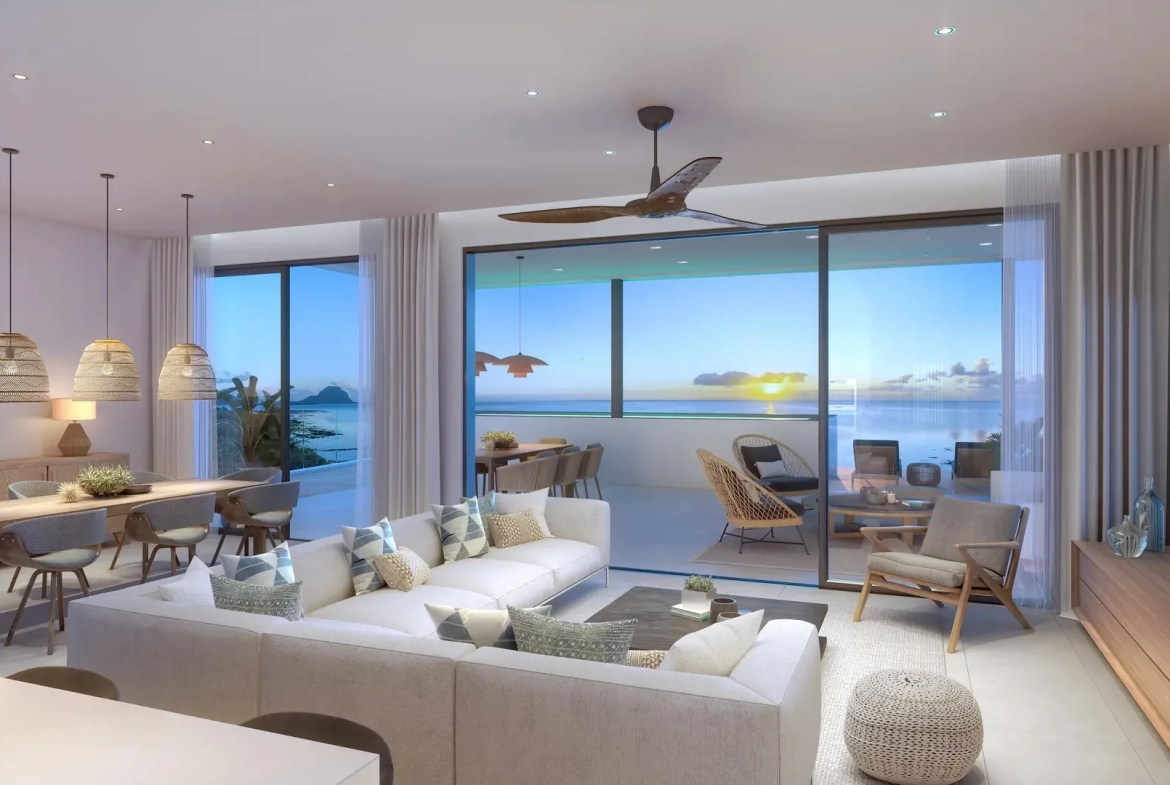 Open-plan living and dining area opening onto the ocean, The Peninsula Mauritius (architect’s impression)