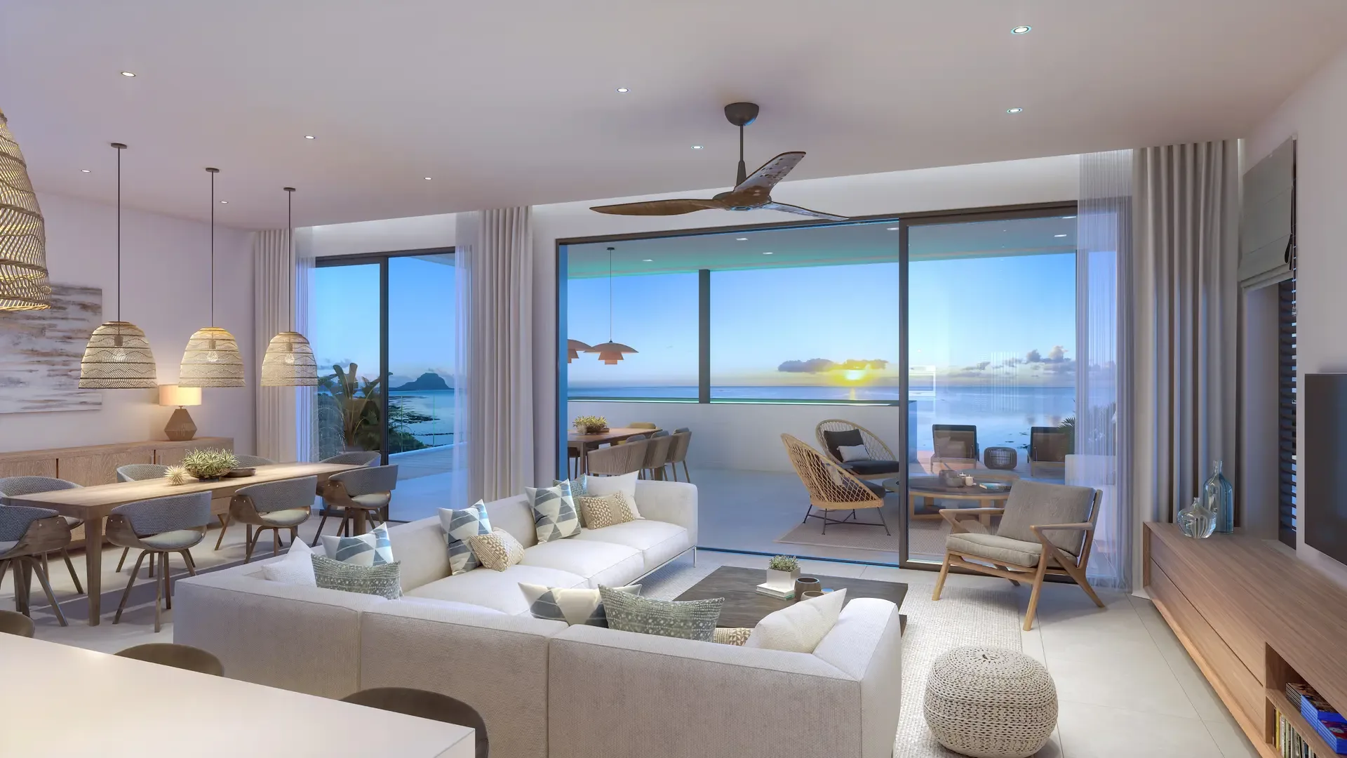 Living area with ocean view Open-plan living and dining area opening onto the ocean, The Peninsula Mauritius (architect’s impression)