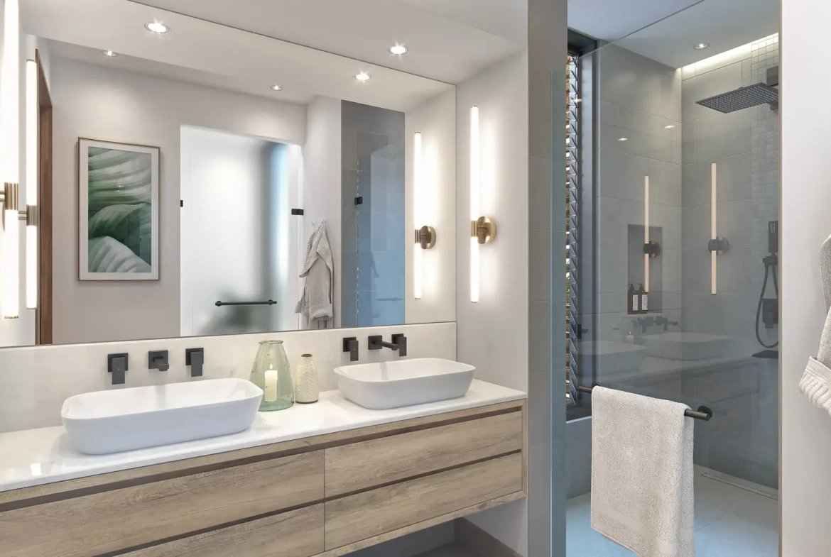 Penthouse bathroom with double vanity and walk-in shower, The Peninsula Mauritius (architect’s impression)