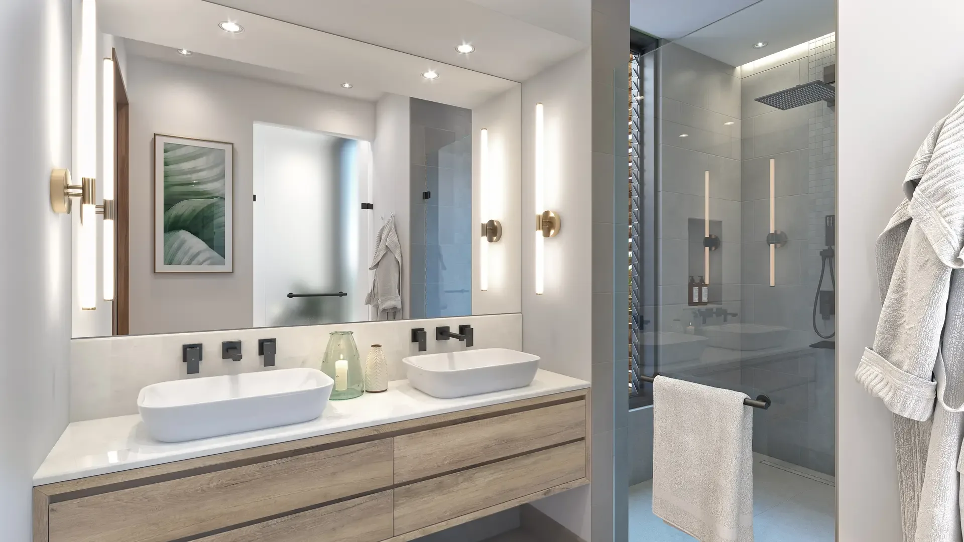 Penthouse bathroom Penthouse bathroom with double vanity and walk-in shower, The Peninsula Mauritius (architect’s impression)