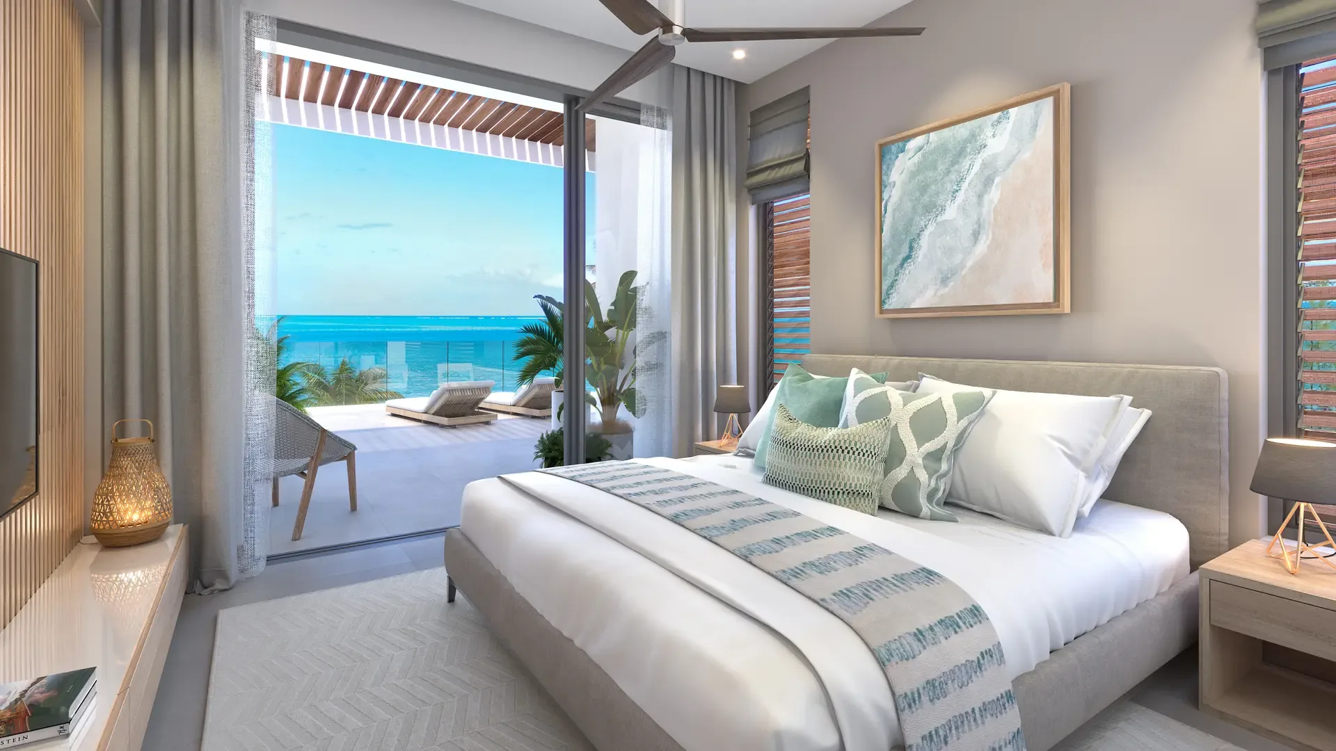 Penthouse bedroom Penthouse bedroom with terrace and sea view, The Peninsula Mauritius (architect’s impression)