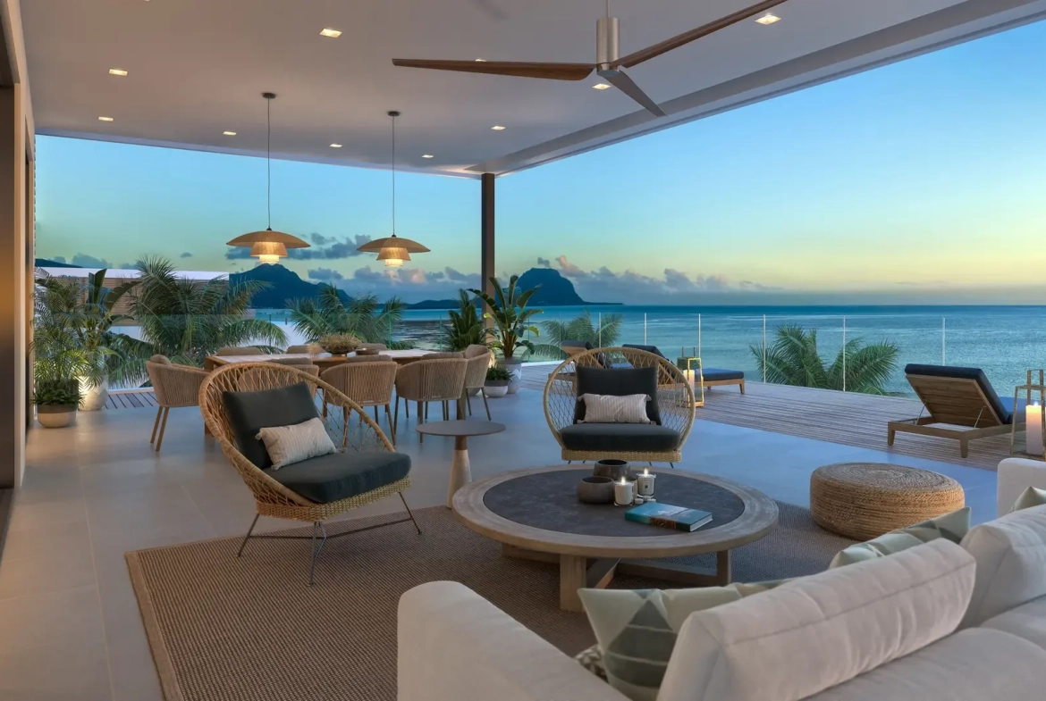 Penthouse terrace with ocean views towards Le Morne Brabant, The Peninsula Mauritius (architect’s impression)