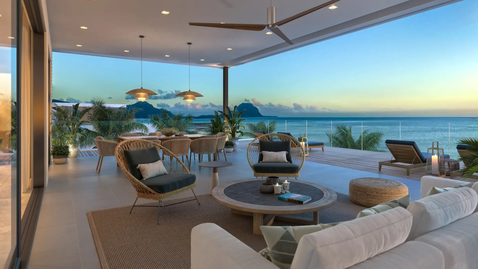 Penthouse terrace with ocean views Penthouse terrace with ocean views towards Le Morne Brabant, The Peninsula Mauritius (architect’s impression)