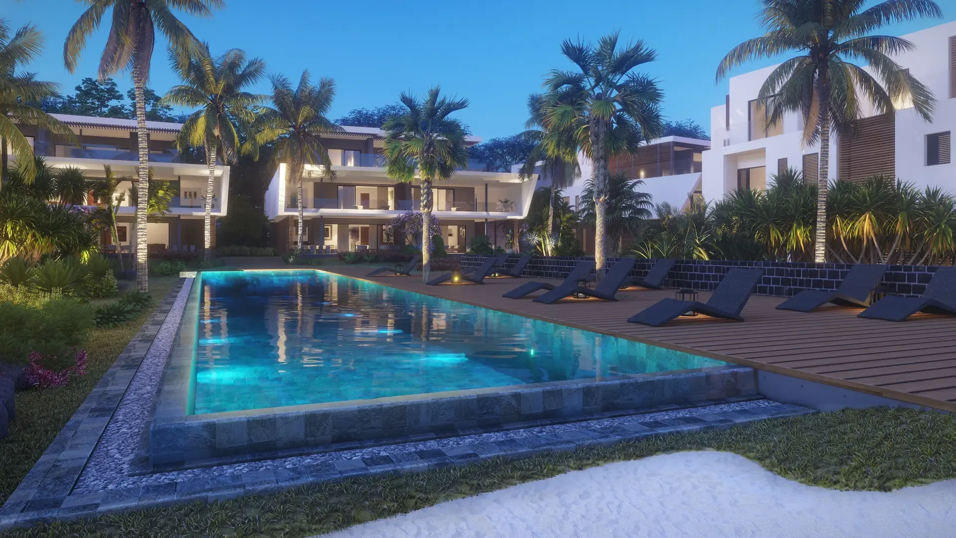 Swimming pool Swimming pool and residential blocks at dusk, The Peninsula Black River Mauritius (architect’s impression)